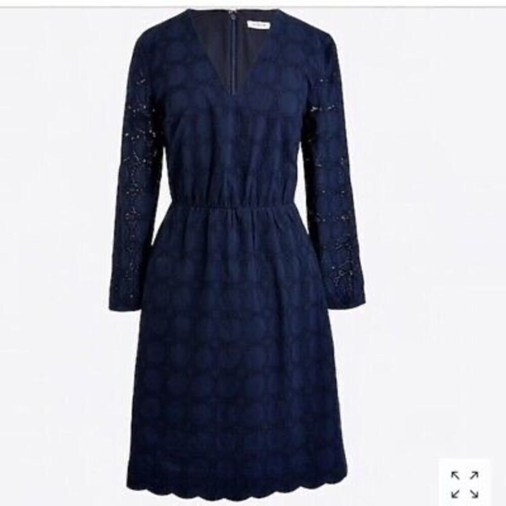 J. Crew Eyelet Long Sleeve V Neck Dress Size 00 NWT Navy